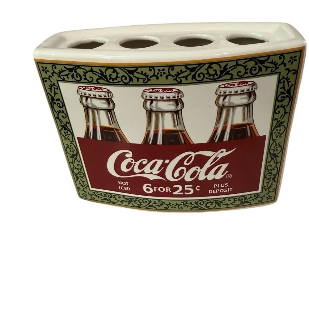 Coca Cola Ceramic 4 Brush Toothbrush Holder with Embossed Sides Collectible